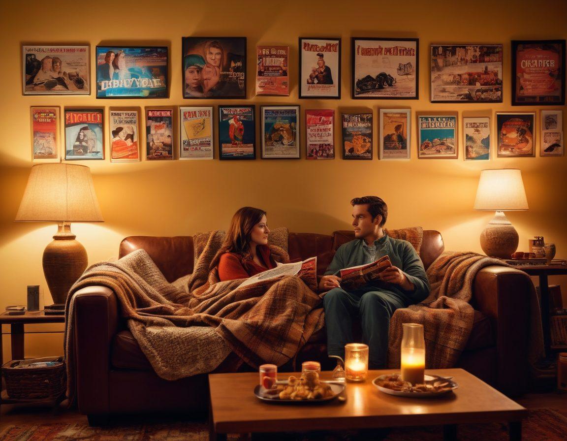 A cozy living room scene with a couple enjoying a movie night, wrapped in a blanket, surrounded by vintage cable network posters and snacks. Soft lighting creates an intimate atmosphere, while the television screen glows with a romantic film. The background features elements of nostalgia and connection, such as a bookshelf of shared memories. warm tones. intimate vibe. super-realistic.