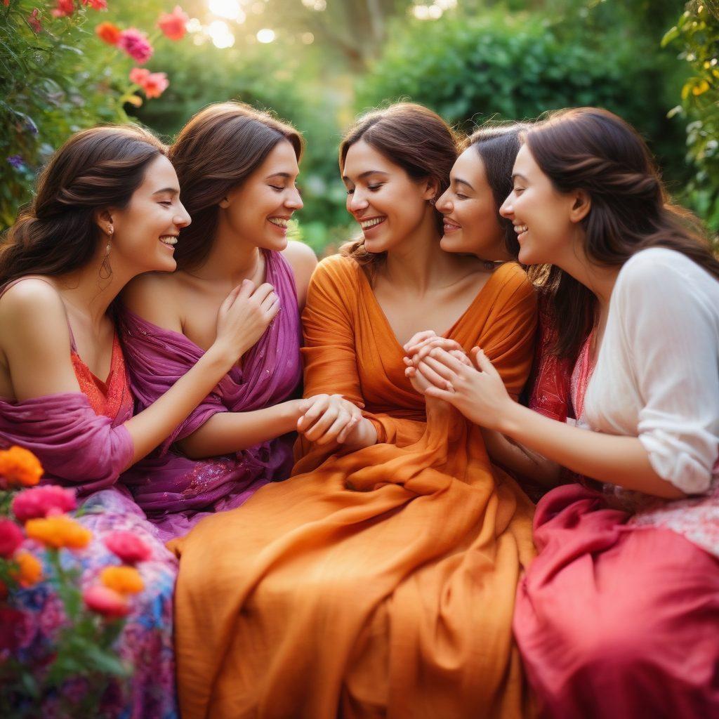 A vibrant outdoor scene showcasing a diverse group of women connecting intimately in various activities like laughing, sharing moments, and enjoying each other’s company, set in a tranquil garden filled with colorful flowers. Soft, warm lighting to evoke feelings of romance and connection. Elements symbolizing empowerment and intimacy should be subtly incorporated, such as intertwined hands or soft fabric draping. super-realistic. vibrant colors. natural background.