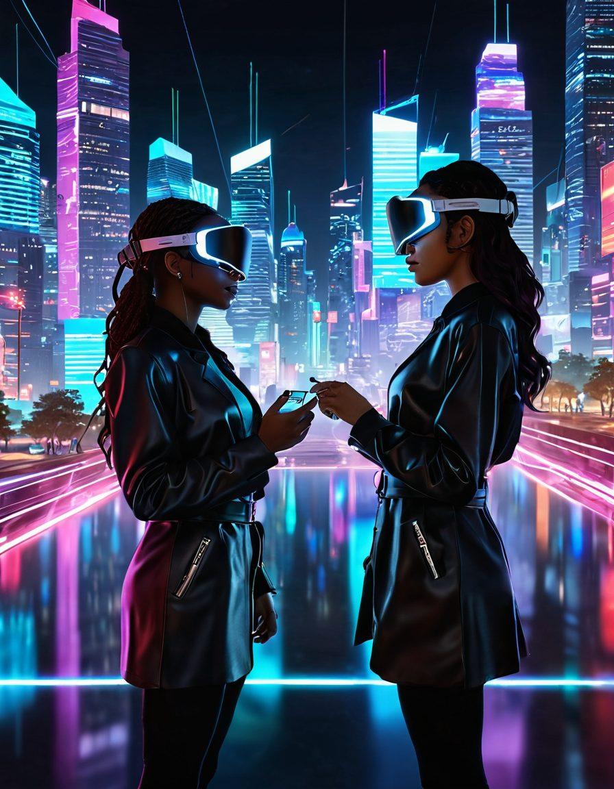 A digital landscape featuring diverse women interacting via holographic displays and virtual reality gear, symbolizing modern intimacy and connection. Incorporate elements like heart-shaped digital emojis and glowing cable lines intertwining throughout the scene, representing love in the digital age. The background should include a city skyline to signify the urban context of the relationships. vibrant colors. cyberpunk.